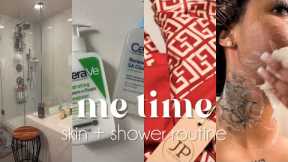 my shower + skin routine | body care + skin care + pajamas